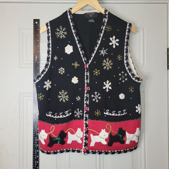 VTG Planet & Co Women's Sweater Vest Large Christmas Holiday Dog Scottie Westie - Picture 2 of 5